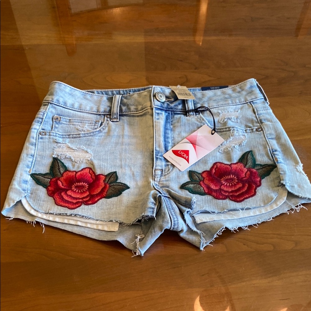 American Eagle Light Blue Jean Shorts with Red Floral Embroidery